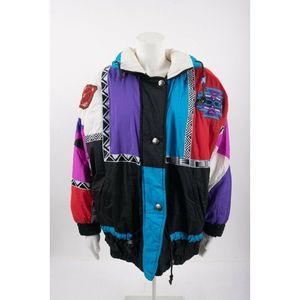 Vintage Womens Aztec Ski Snowboard Jacket Coat 80s 90s Geometric Sz L Colorful